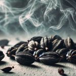 Close-up of smoky black cardamom pods with rising smoke on a wooden surface, showcasing their aromatic appeal.