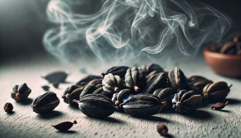 Close-up of smoky black cardamom pods with rising smoke on a wooden surface, showcasing their aromatic appeal.