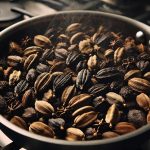 Close-up of black cardamom pods being toasted in a stainless steel pan, highlighting their smoky aroma and rough texture under warm lighting.