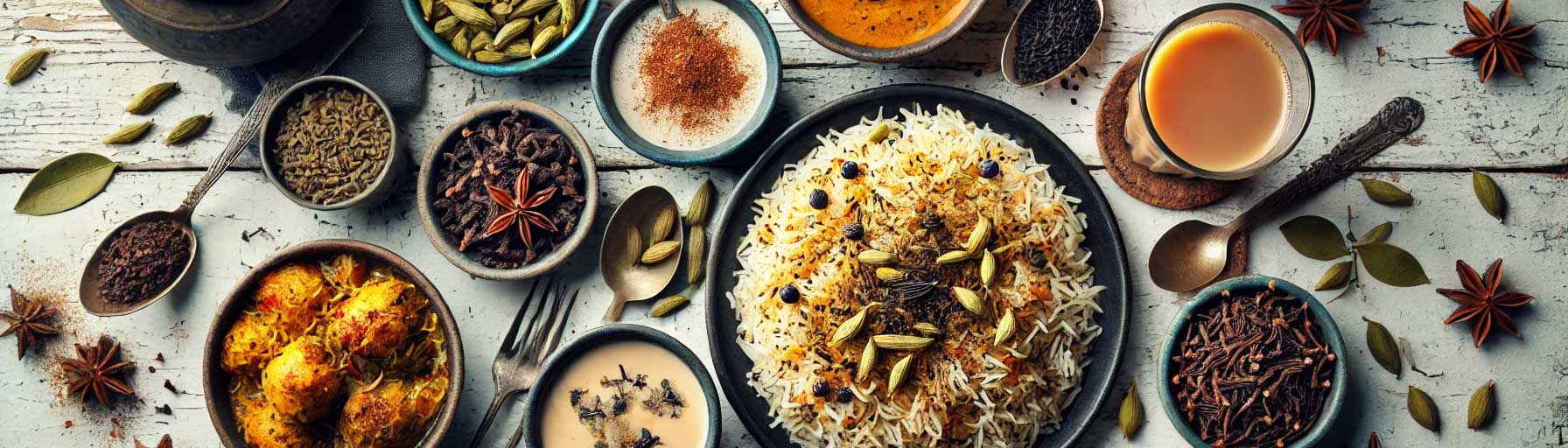 A vibrant display of dishes using black cardamom, including biryani, curry, and chai tea on a rustic white table.